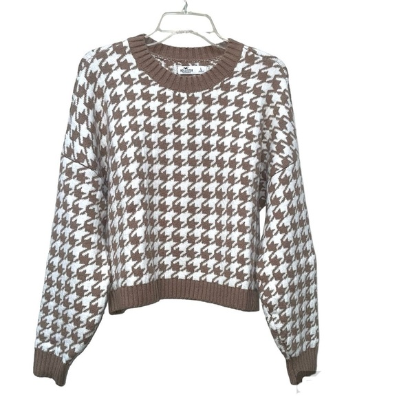 Hollister Brown Cream Houndstooth Cropped Sweater Women’s Large - Picture 2 of 8